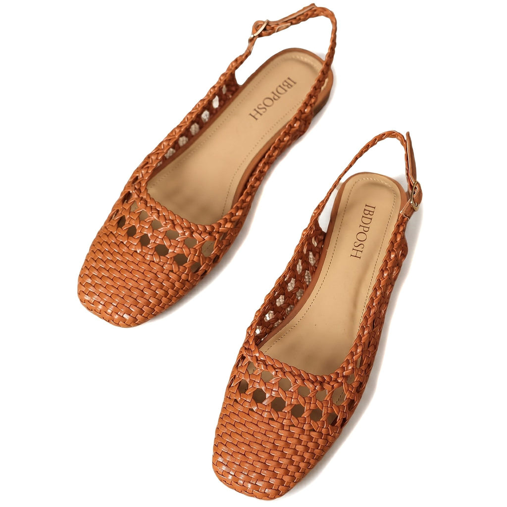 IBDPOSH Silver Woven Slingback Flats for Women Square Toe Braided Sandals Comfortable Dressy Summer Shoes for Office and Travel Size 8.5