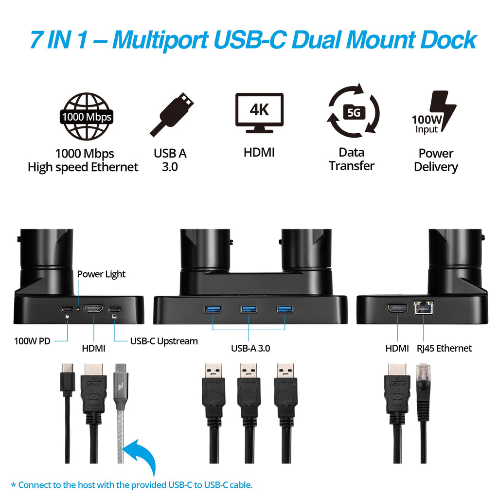 AVLT Dual Monitor Arm Desk Mount 17–43 inch USB-C Docking Station Laptop Tray