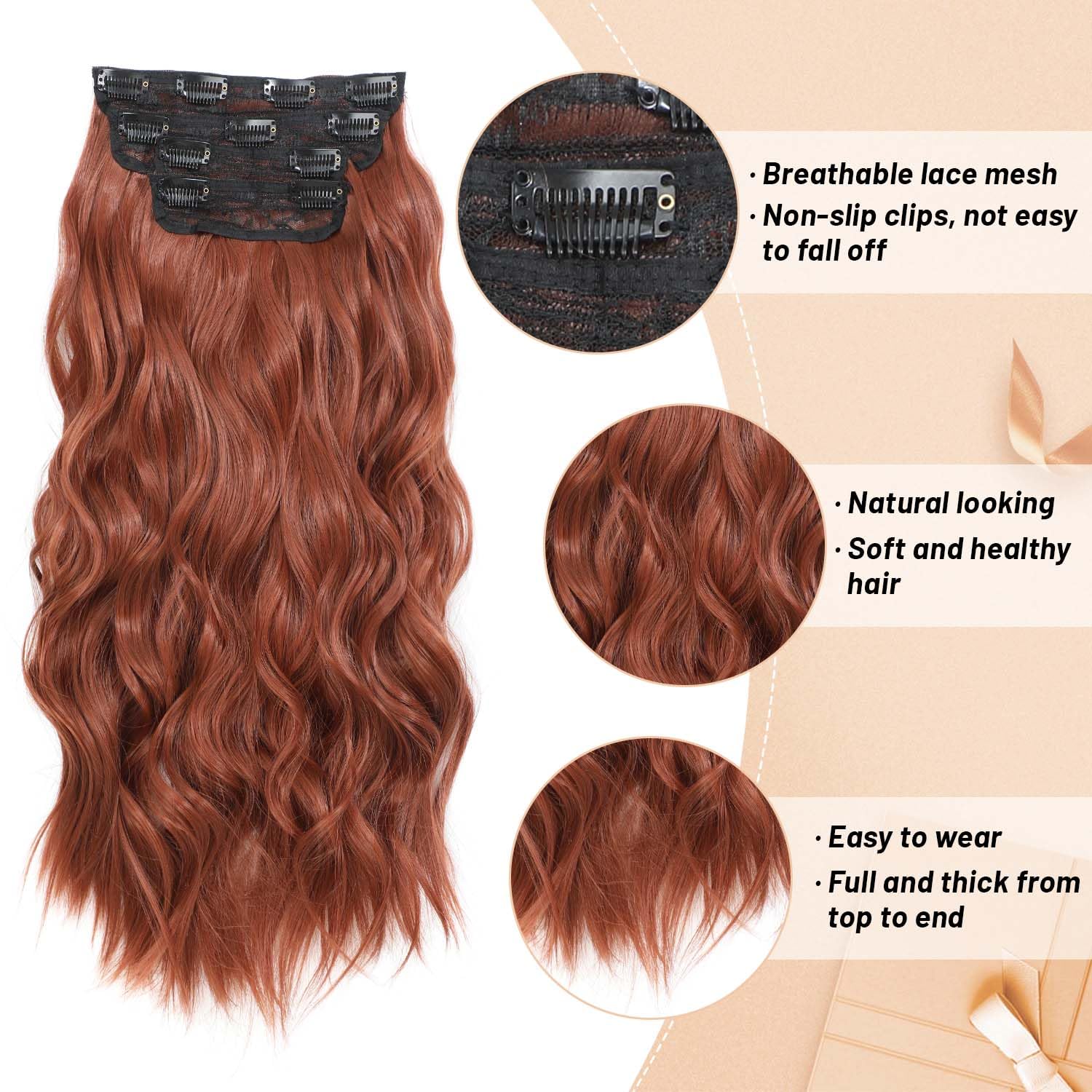 Clip in Hair Extensions 4 PCS 20 Inch Auburn Long Wavy Hair Extensions, Natural