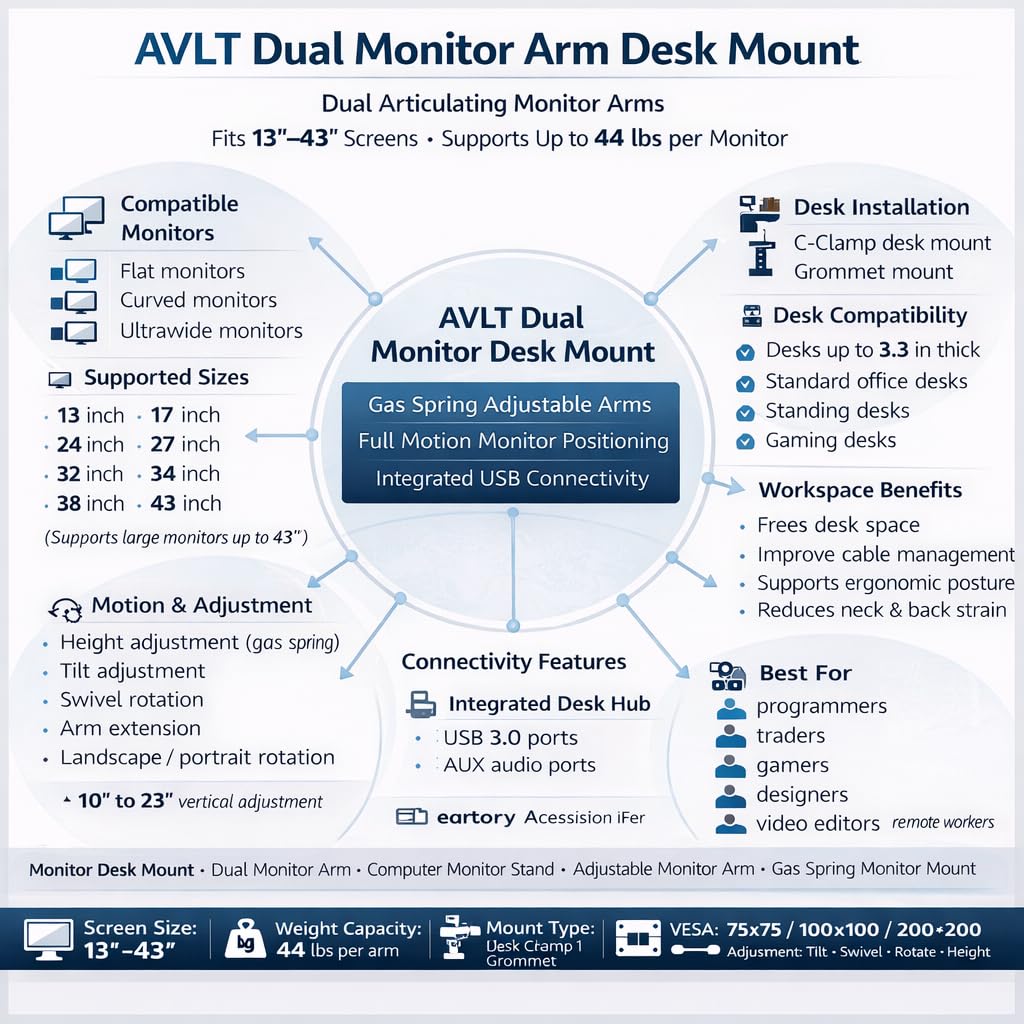 AVLT Dual Monitor Arm Desk Mount 13-43in Full Motion VESA USB Pass Through Black