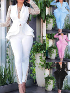 Women's Lace Long Sleeve Sheer Mesh Ruffle Blazer Bodycon Two Piece Outfits Suit