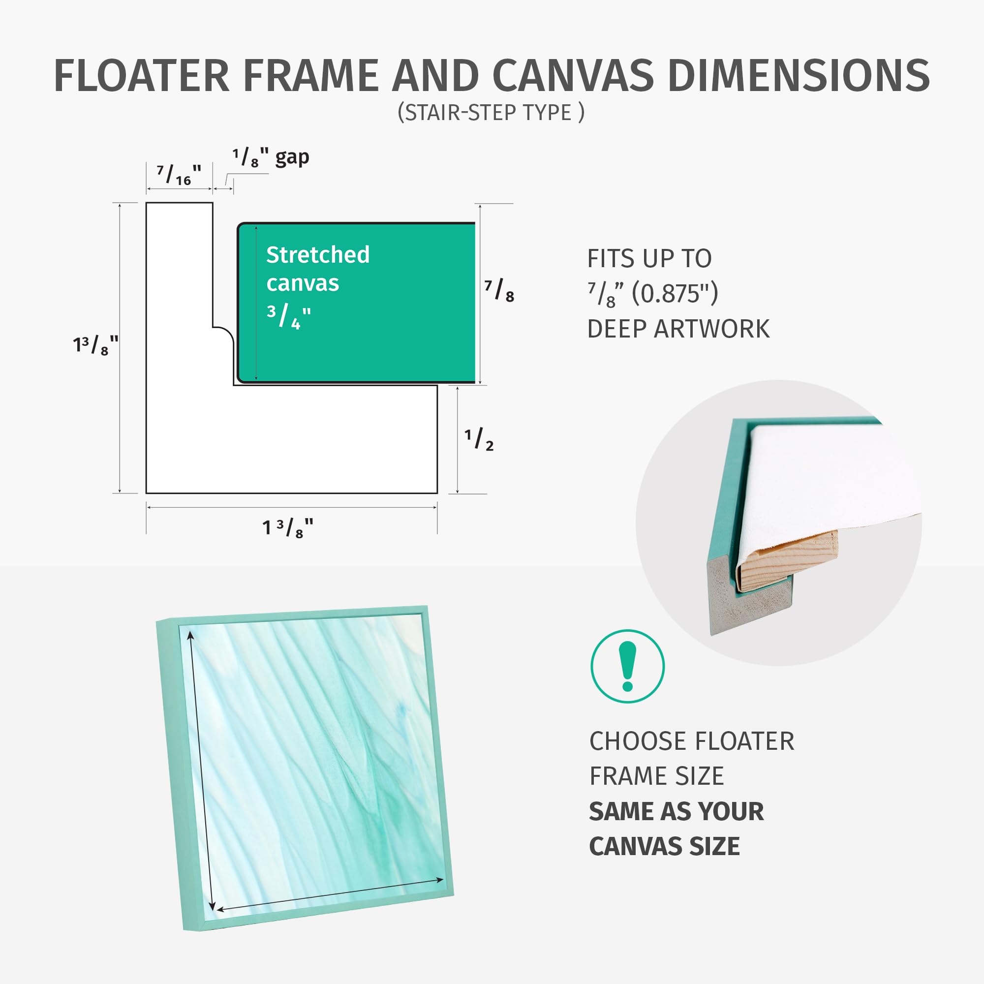 PIXY CANVAS Floater Frame 18x18 for 3/4 (0.75) inch Deep Canvas Paintings/Canvas