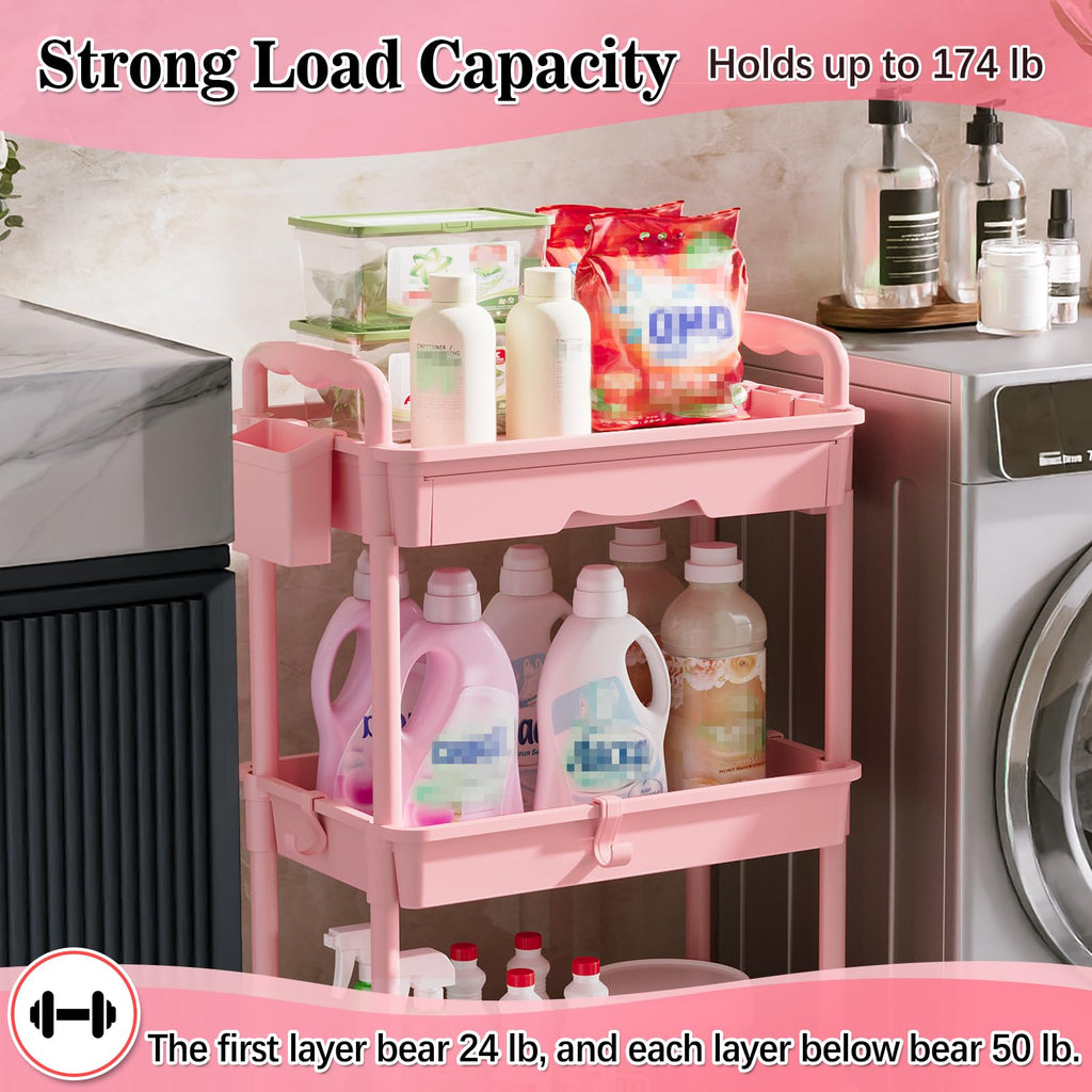 3 Tier Rolling Cart with Drawer Pink Storage Organizer Bathroom Kitchen Office
