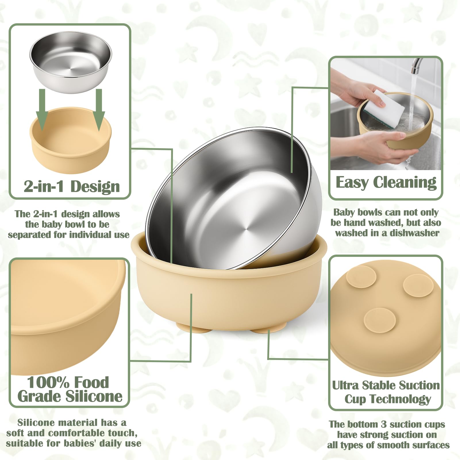 Mity rain 4-Pack Baby Bowls with Suction,Stainless Steel Toddler Bowl with