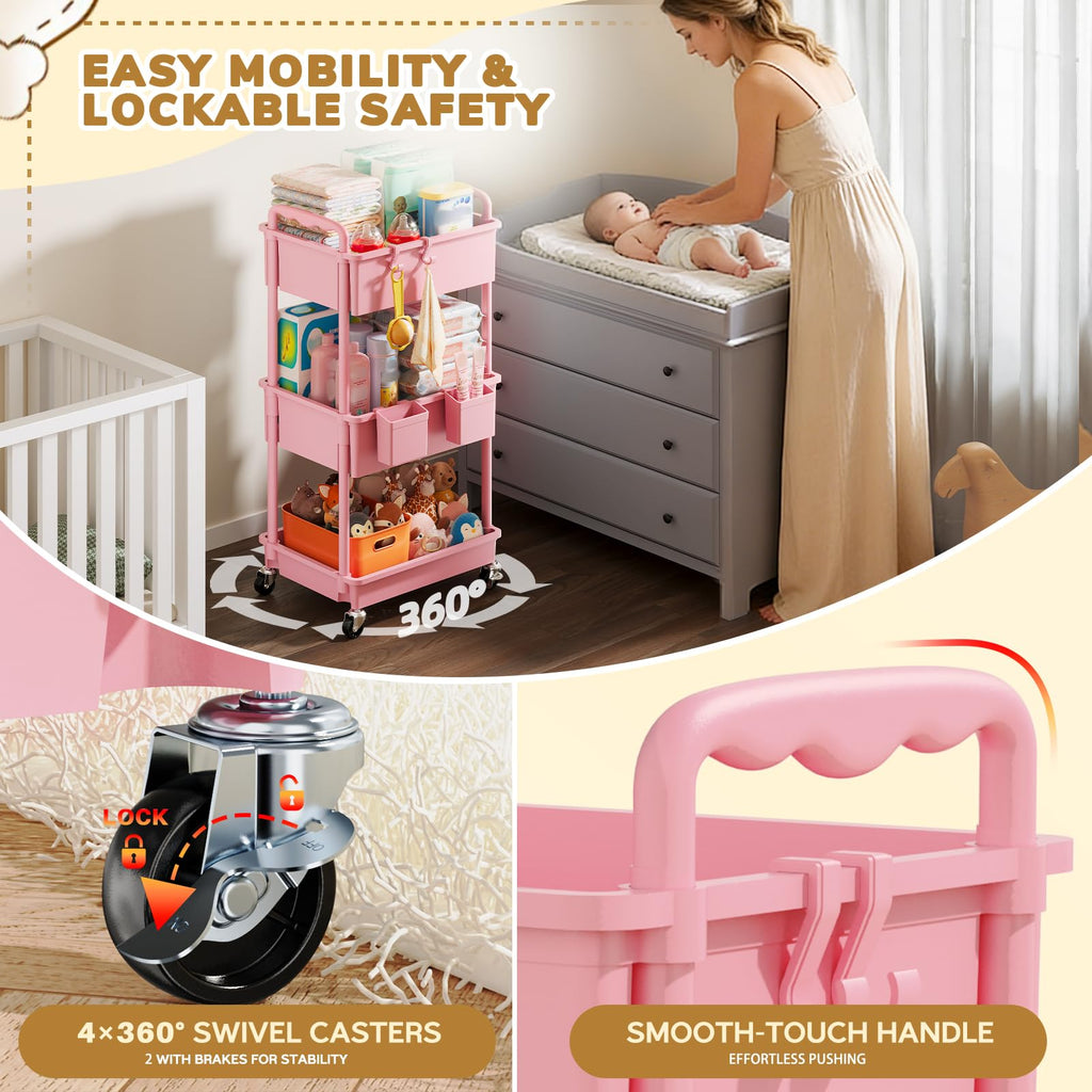 Goovilla Diaper Cart with Lockable Wheels and Easy Assembly, 3 Tier Pink Rolling
