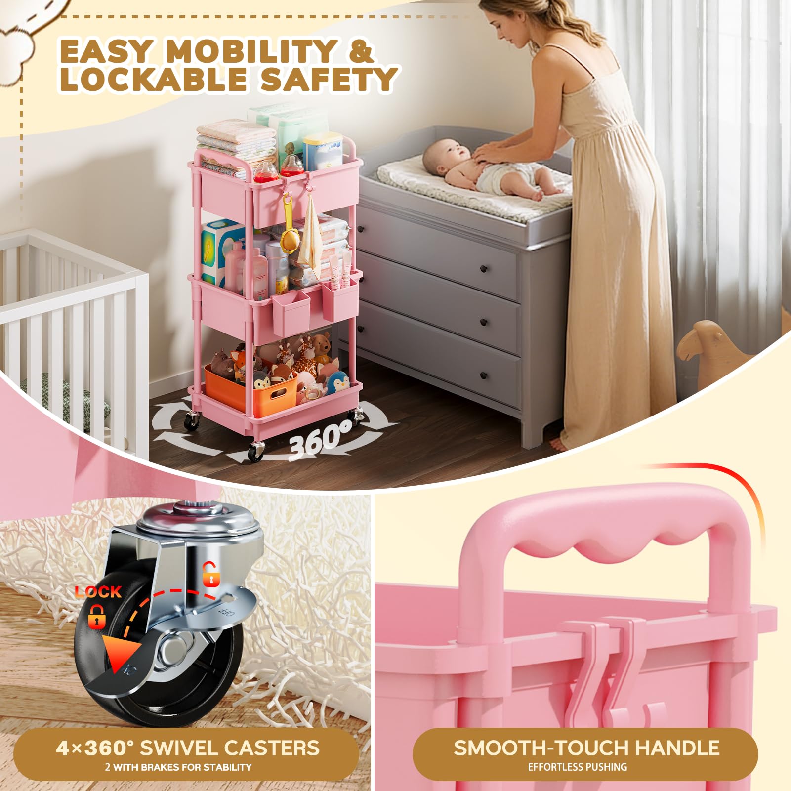 Goovilla Diaper Cart with Lockable Wheels and Easy Assembly, 3 Tier Pink Rolling