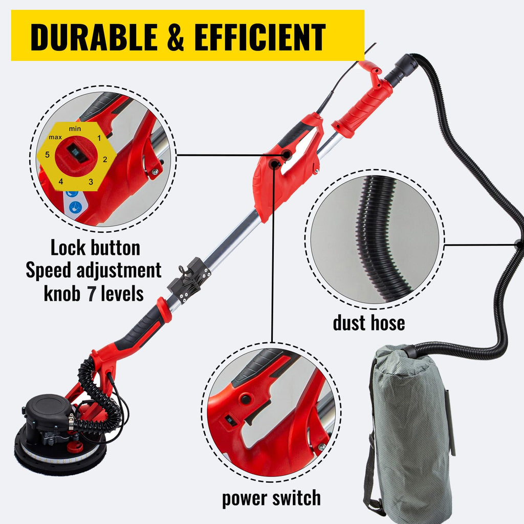 VEVOR Drywall Sander 850W Variable Speed 800-1750RPM LED Vacuum Bag