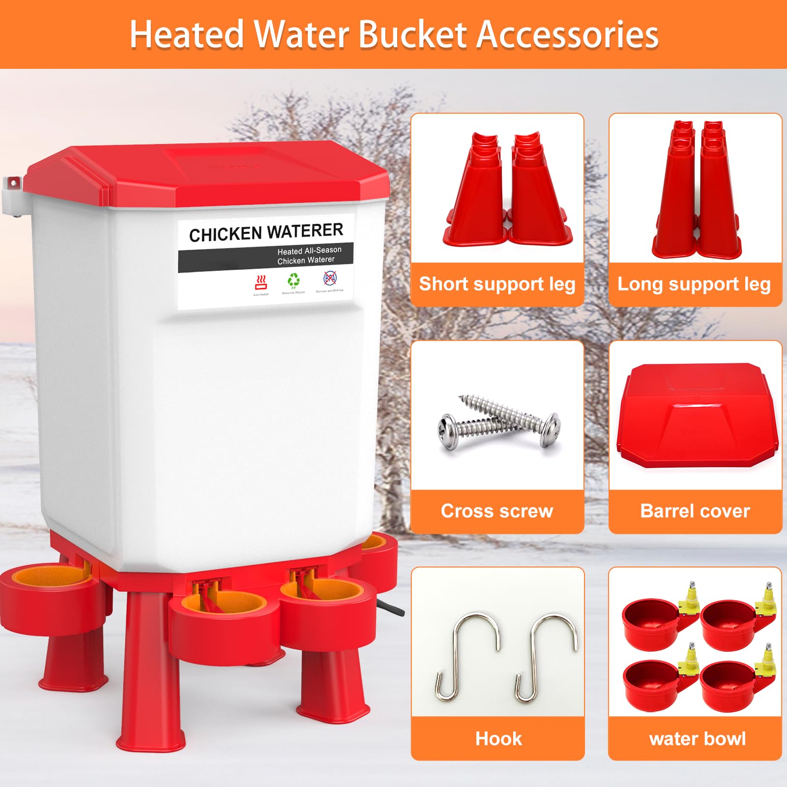 Heated Chicken Waterer 11L Anti-Freeze Poultry Drinker 4 Cups Dark Red