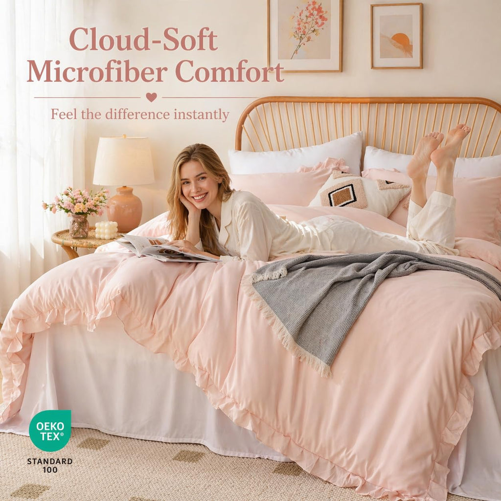 JANZAA Blush Pink Comforter Set Queen – Soft Microfiber, Lightweight All Season