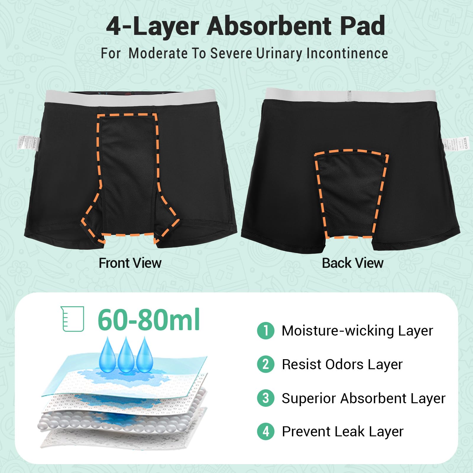 Carer 5 Pack Boys Washable Incontinence Underwear, Cotton Reusable Bedwetting