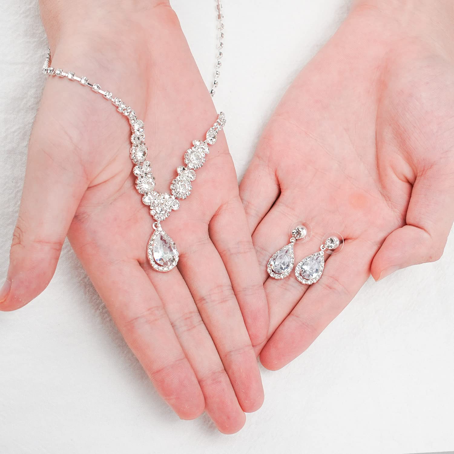 COCIDE Silver Jewelry Set Women Crystal Tiara Necklace Earrings Set