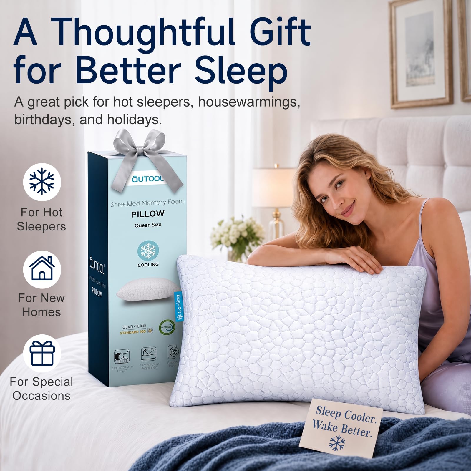 QUTOOL Cooling Memory Foam Pillow Queen Adjustable for Side Back Sleepers