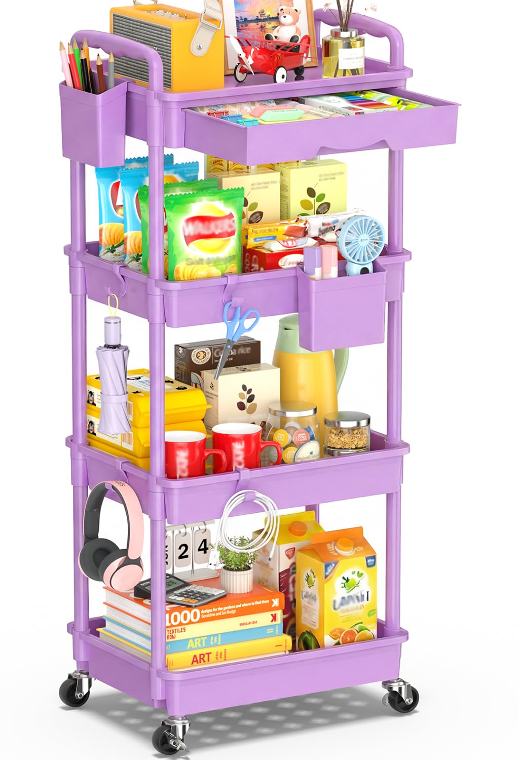 SUNALLY 4 Tier Rolling Cart Organizer w/ Drawer Storage Cart Purple Wheels