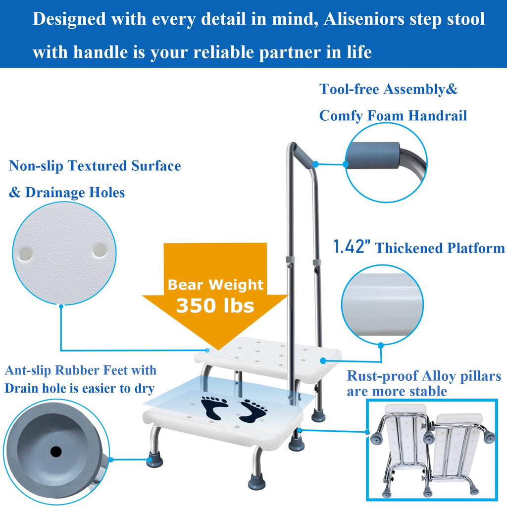 Aliseniors Step Stool with Handle and Non-Skid Platform, Heavy Duty 2 Steps