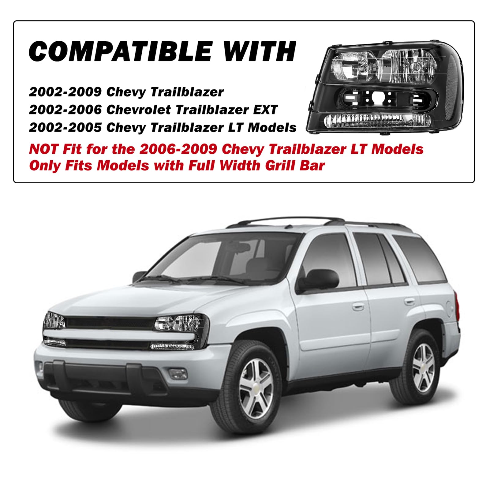 SOCKIR Headlight Assembly for 2002-2009 Chevy Trailblazer Full Length Grill Bar