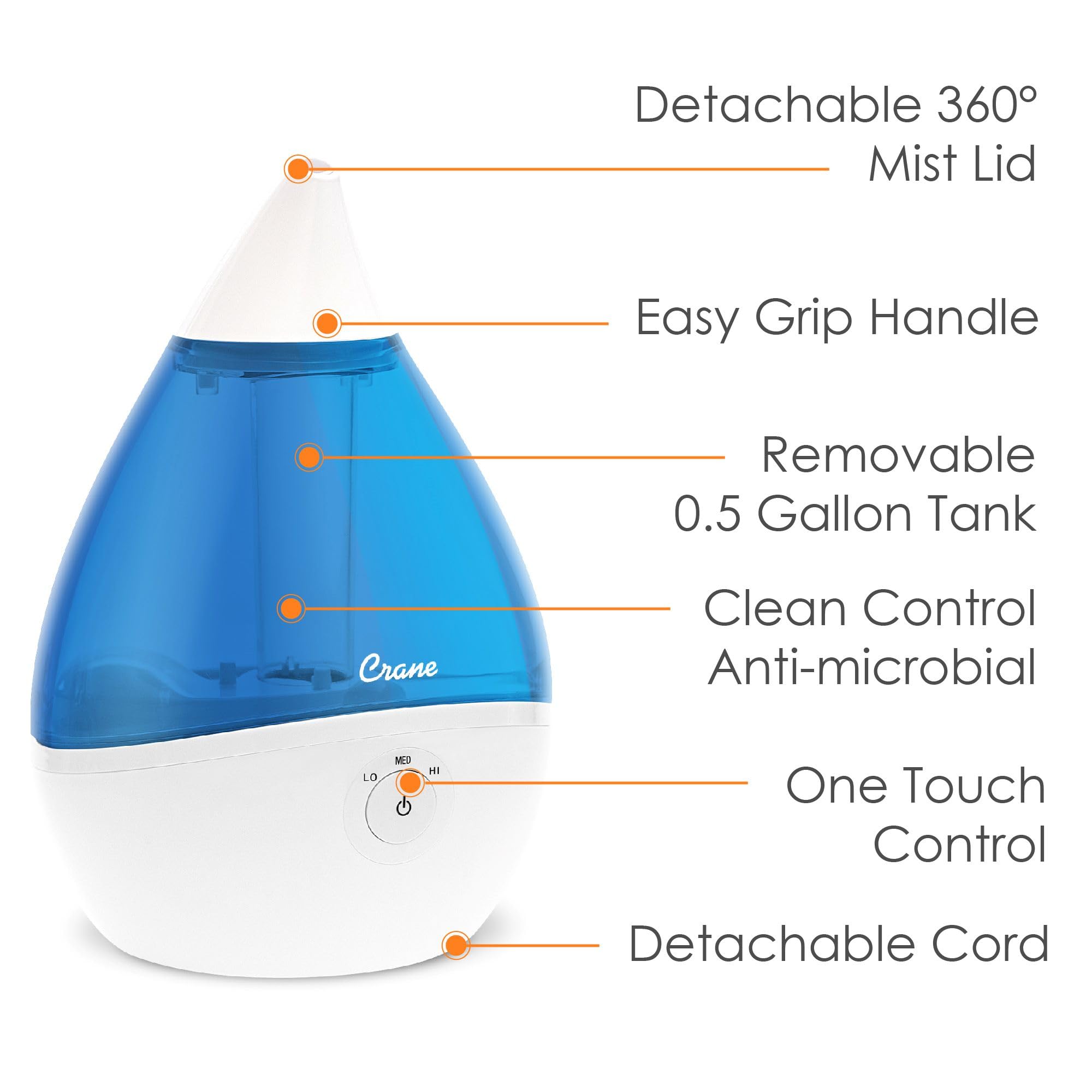 Crane Droplet Ultrasonic Small Air Humidifiers for Bedroom and Office, 0.5