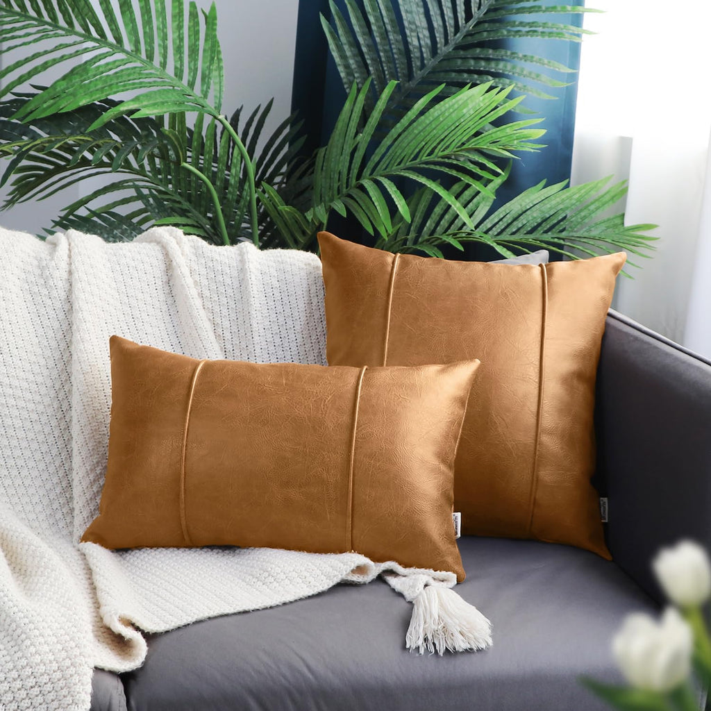 BRAWARM Tan Leather Throw Pillow Covers 22 X 22 Inches - Faux Leather Pillow