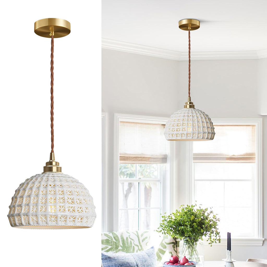 Fulesi White Ceramic Pendant Light Elegance Nordic Hanging Lamp Brass Finish