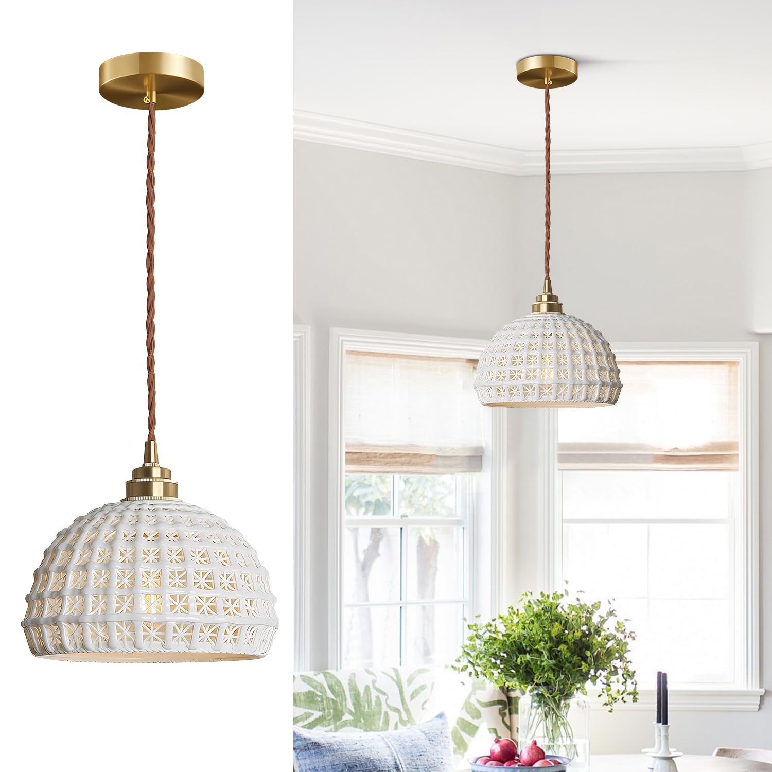 Fulesi White Ceramic Pendant Light Elegance Nordic Hanging Lamp Brass Finish