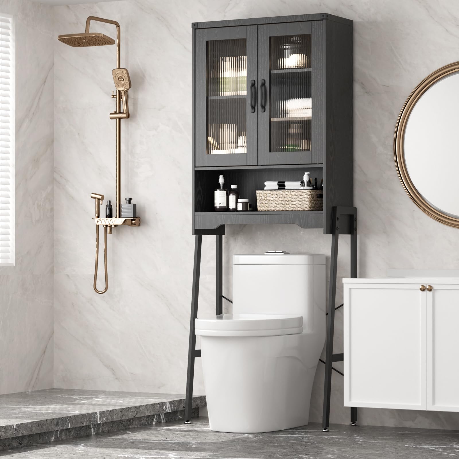 Over The Toilet Storage Cabinet with Tempered Glass Doors & Adjustable Shelf,