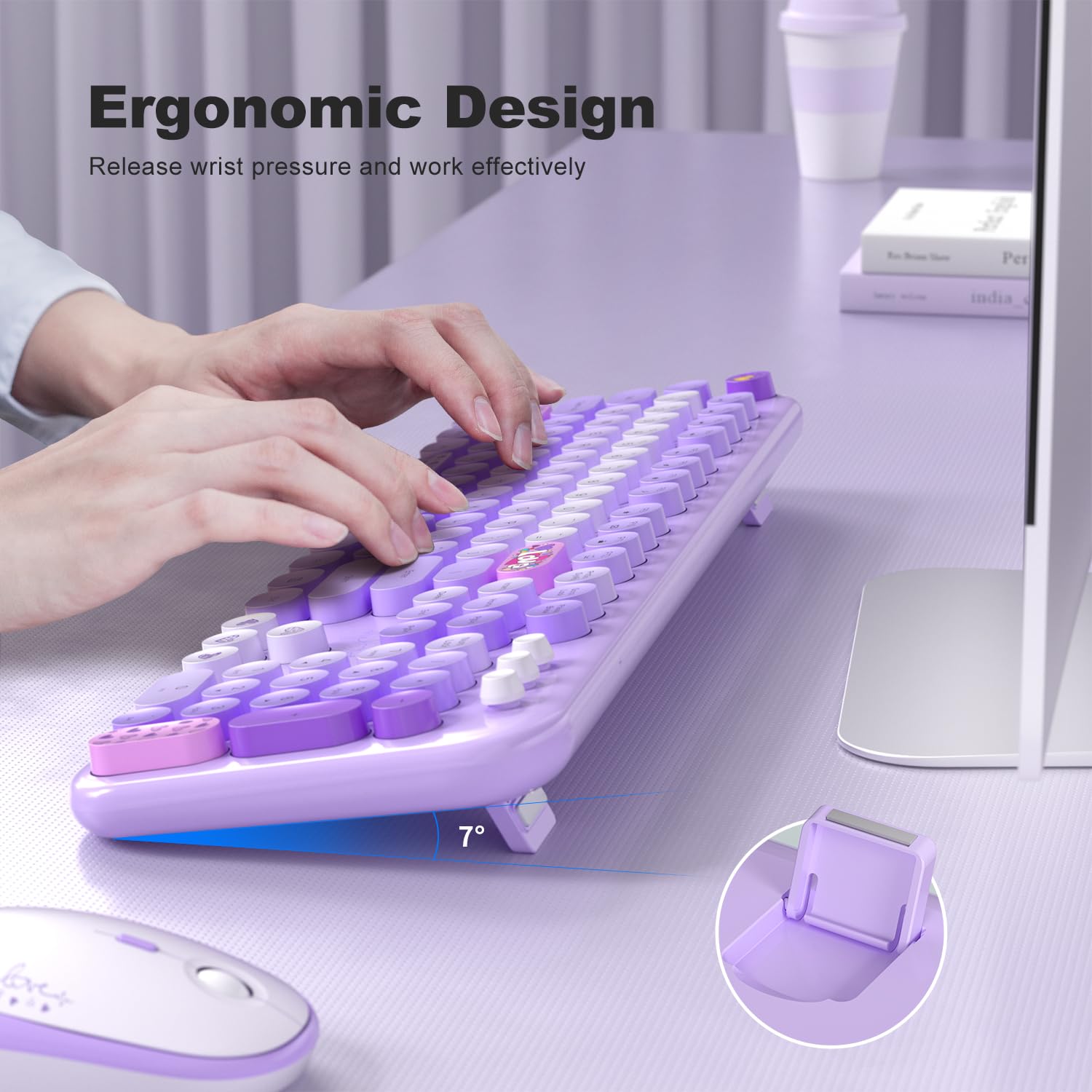 Wireless Keyboard and Mouse, SQMD Colorful Typewriter Retro Keyboard with Round