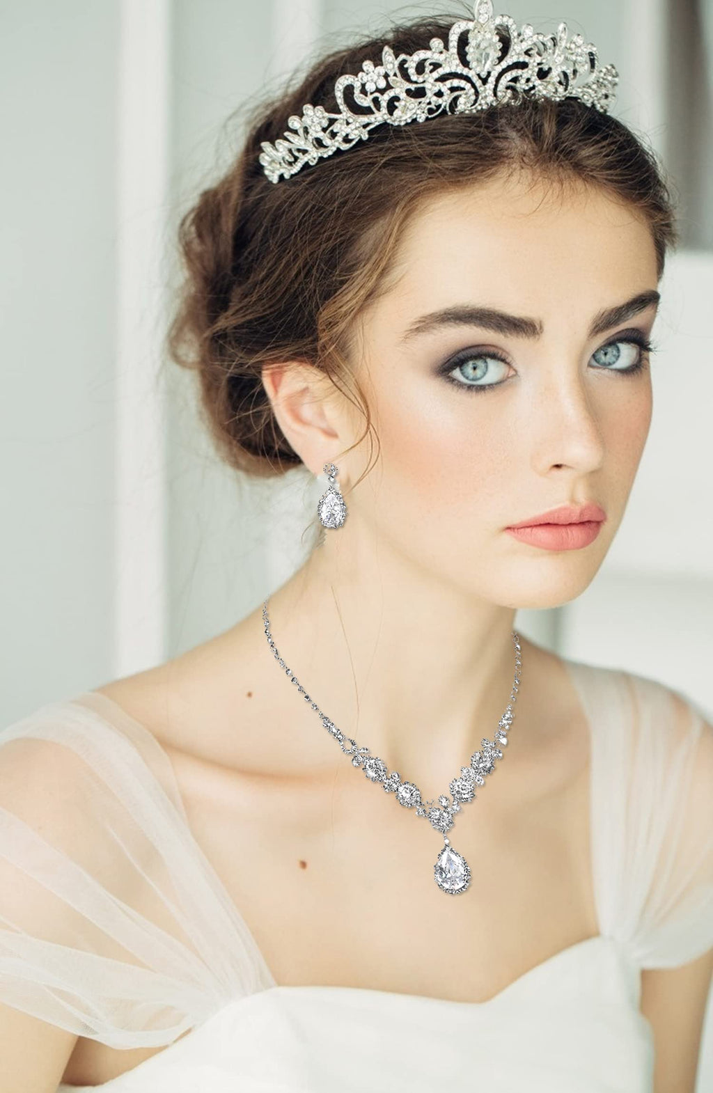 COCIDE Silver Jewelry Set Women Crystal Tiara Necklace Earrings Set