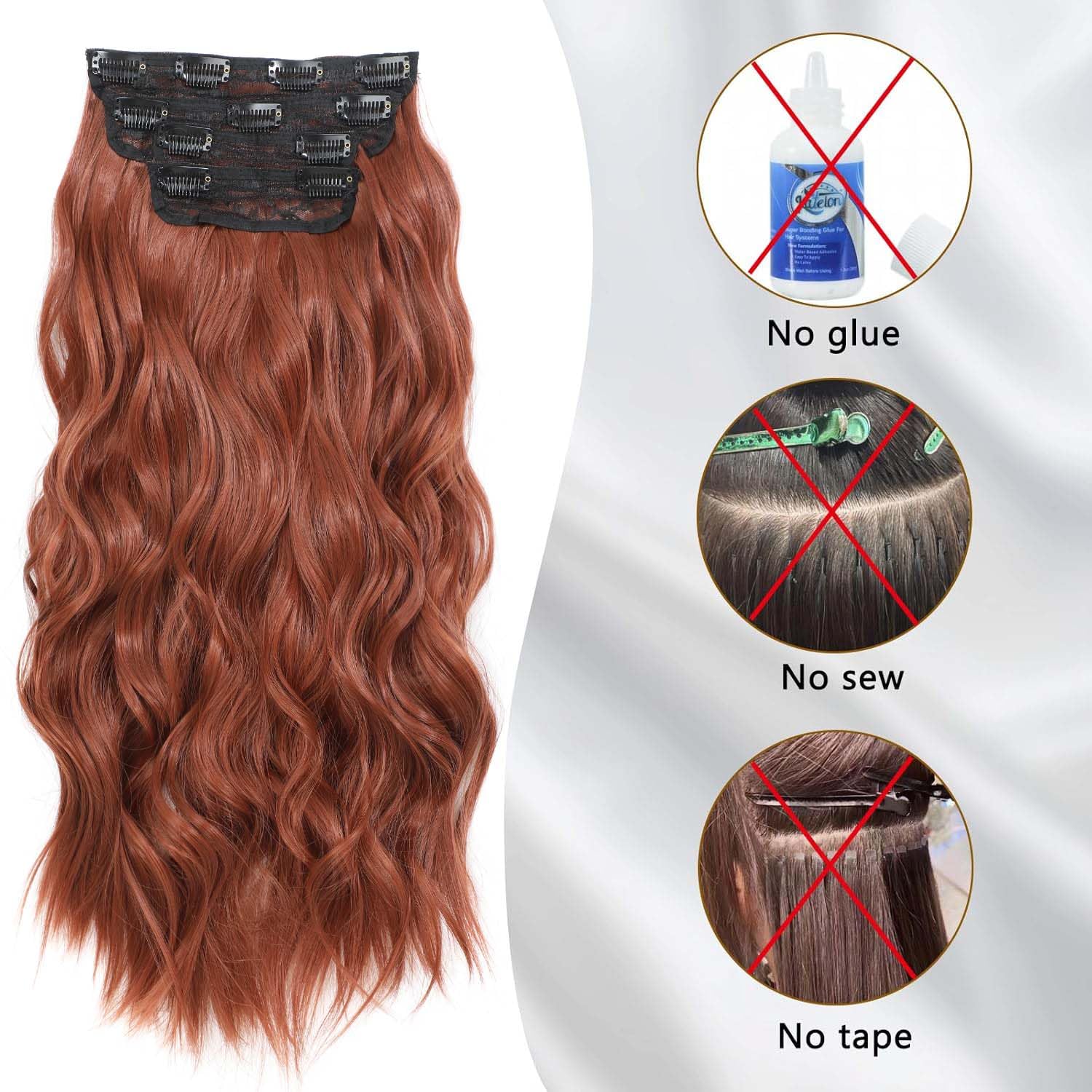 Clip in Hair Extensions 4 PCS 20 Inch Auburn Long Wavy Hair Extensions, Natural