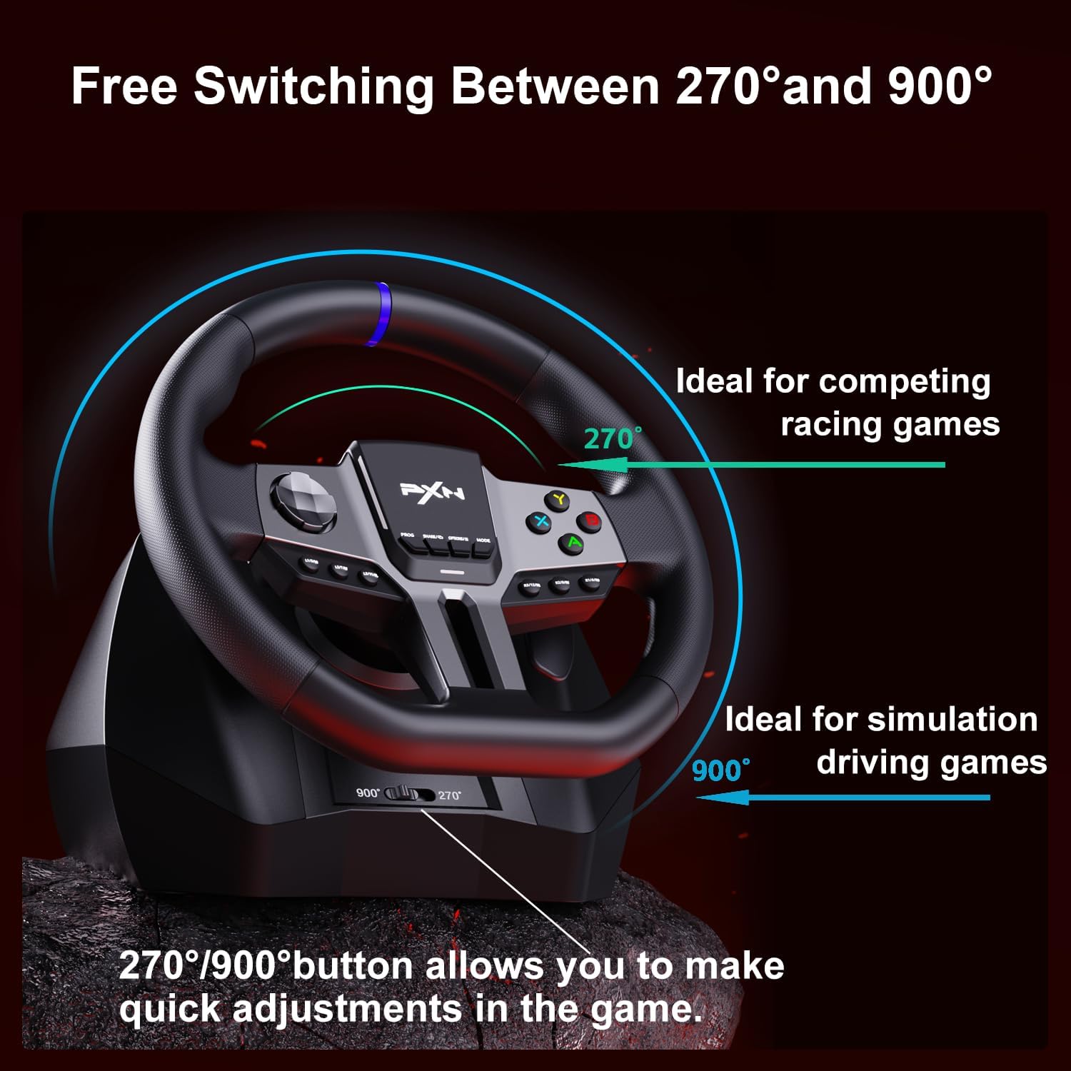 PXN - V9 Gen2 Racing Wheel - 270&900° Car Sim Steering Wheel, 3 Pedals, H