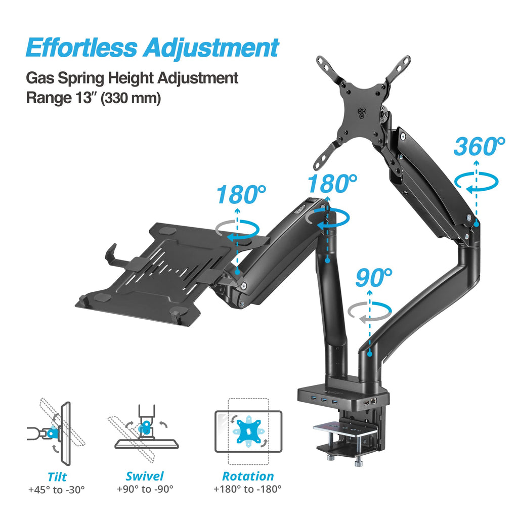 AVLT Dual Monitor Arm Desk Mount 17–43 inch USB-C Docking Station Laptop Tray