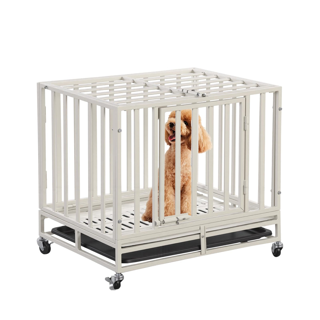 24 Inch Heavy Duty Dog Crate Cage Escape Proof Steel Kennel for High Anxiety Dogs with Sturdy Locks and Removable Tray, Small Dog Crate, White