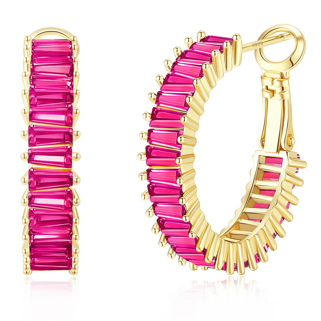GLOQUAT Gold Pink Earrings Fuchsia Hoops for Women 14K Gold Plated Hot Pink