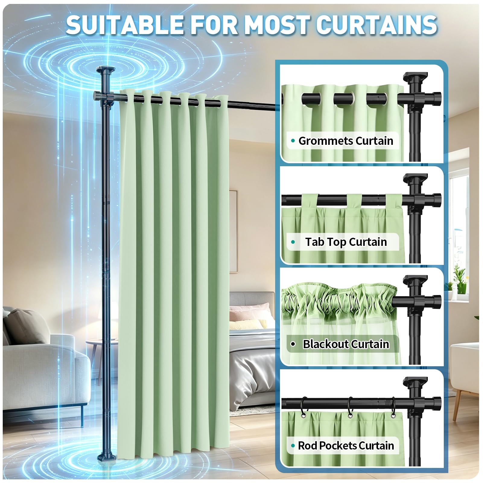 SUNALLY Tension Curtain Rod Room Divider 4-10FT No Drill Floor Ceiling Black