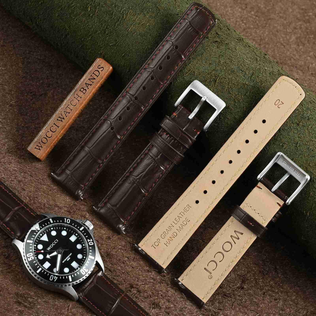 WOCCI 20mm Watch Band, Top Grain Leather, Embossed Alligator Grain, Quick