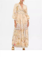 Women Puff Sleeve Midi Dress Long Sleeve Tie Waist Flowy Elegant Summer Casual