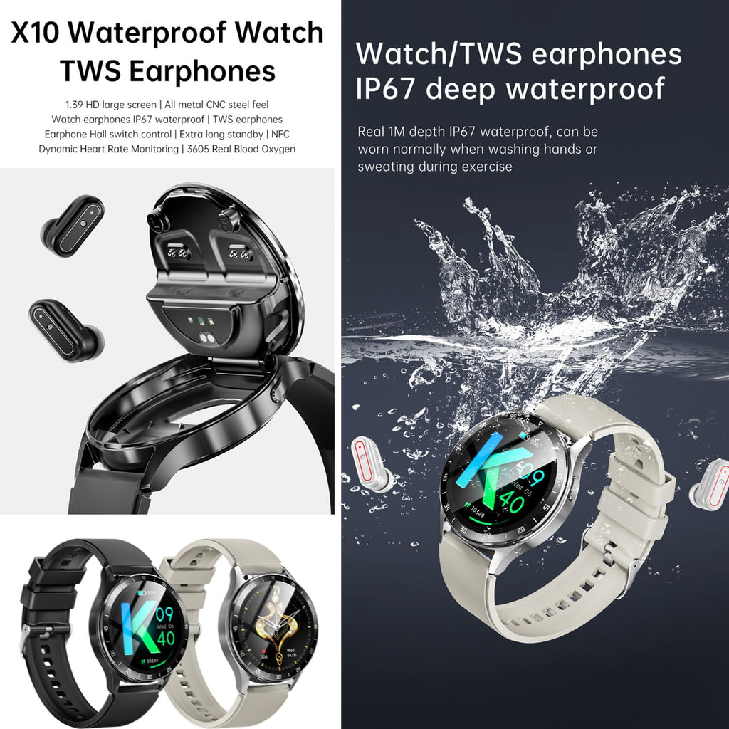 X10 Smart Watch with Earbuds for iPhone Android Smartphones 1.39 Inch Round