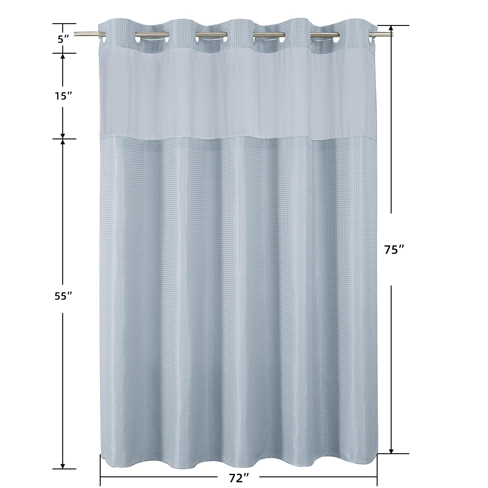No Hook Shower Curtain w/Snap Liner Mesh Window Fog Blue 72x75 Waffle