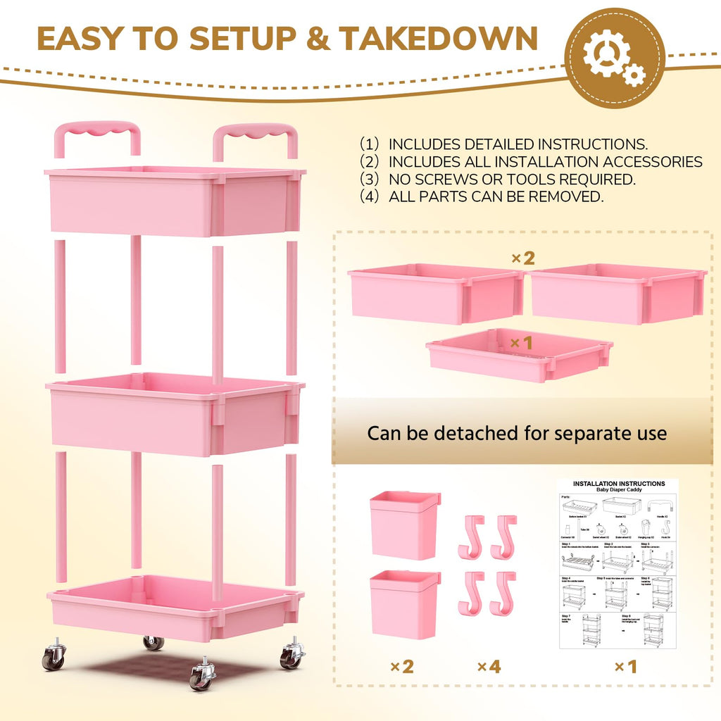 Goovilla Diaper Cart with Lockable Wheels and Easy Assembly, 3 Tier Pink Rolling