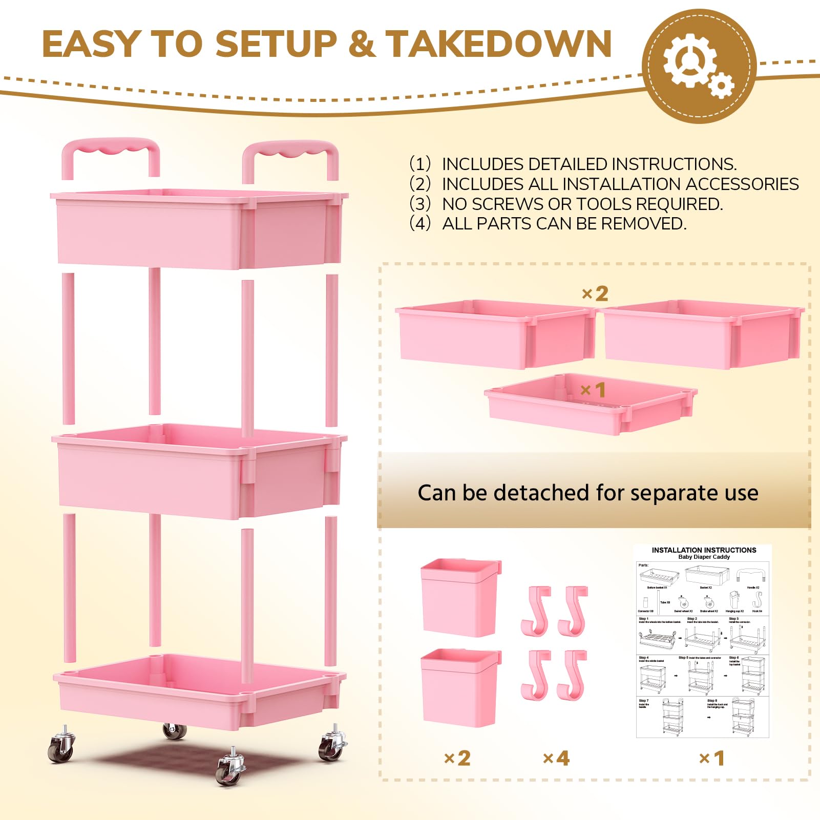 Goovilla Diaper Cart with Lockable Wheels and Easy Assembly, 3 Tier Pink Rolling