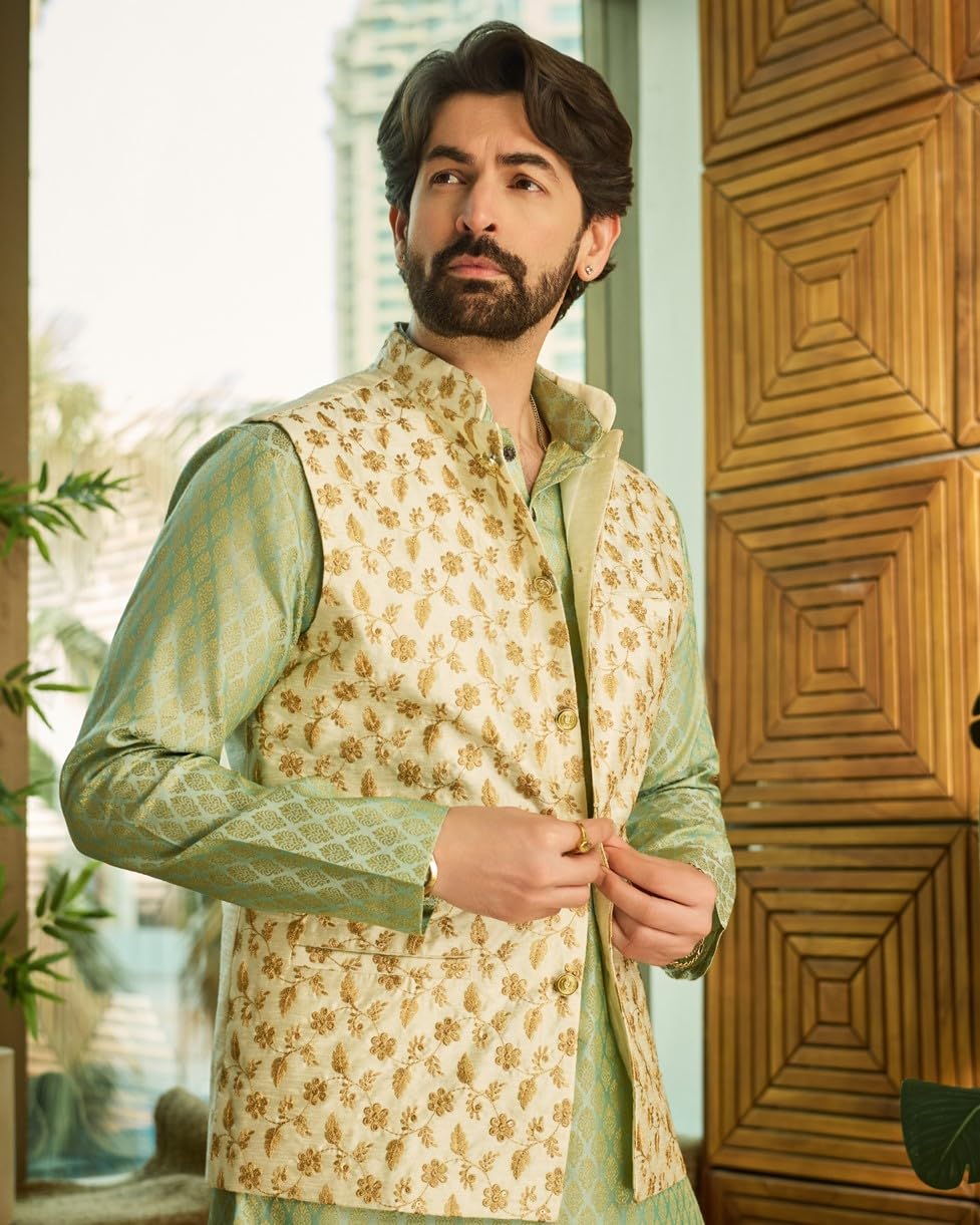 Sojanya (Since 1958 Men'S Silk Blend, Cream & Gold Embroidered Nehru Jacket,