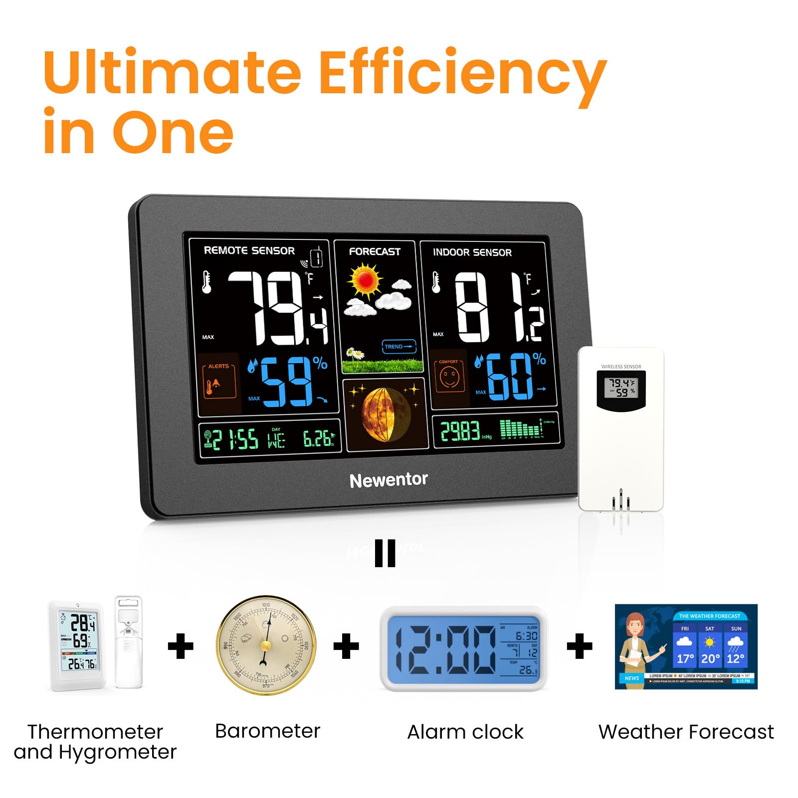 Newentor Wireless Weather Station Thermometer Clock Barometer Black