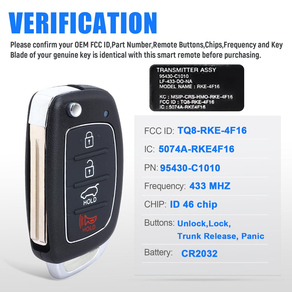Keymall Keyless Entry Remote Key Fob Replacement for Hyundai Sonata 2014 2015 2016 2017 433MHz 4 Buttons (FCC ID:TQ8-RKE-4F16 PN: 95430-C1010)