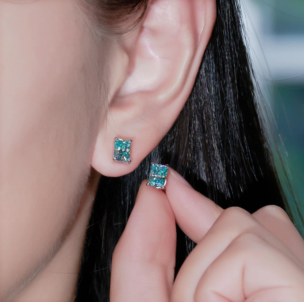 GIGAJEWE Blue Green Color Moissanite Stud Earrings Radiant Cut Moissanite