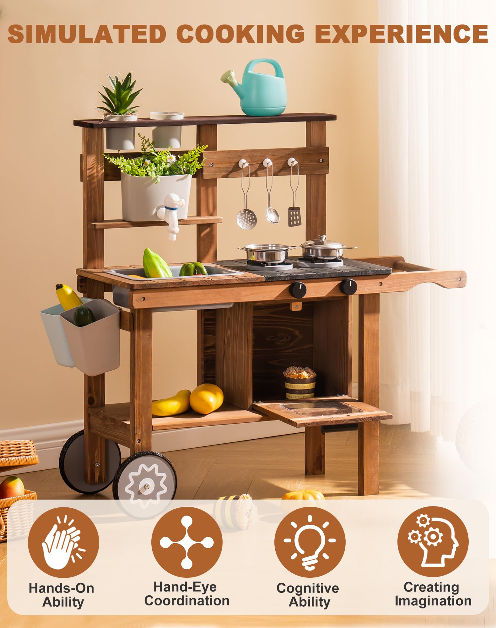 ROBOTIME Mud Kitchen for Kids Outdoor with Wheels, Fun Wooden Kid Kitchen