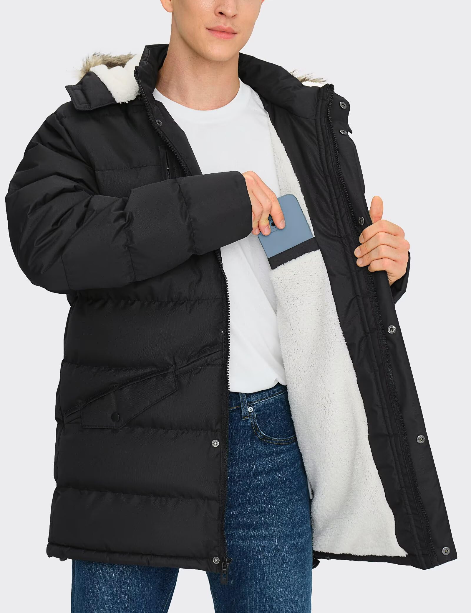 Mens Long Winter Coat Water Resistant Puffy Hooded Insulated Jacket