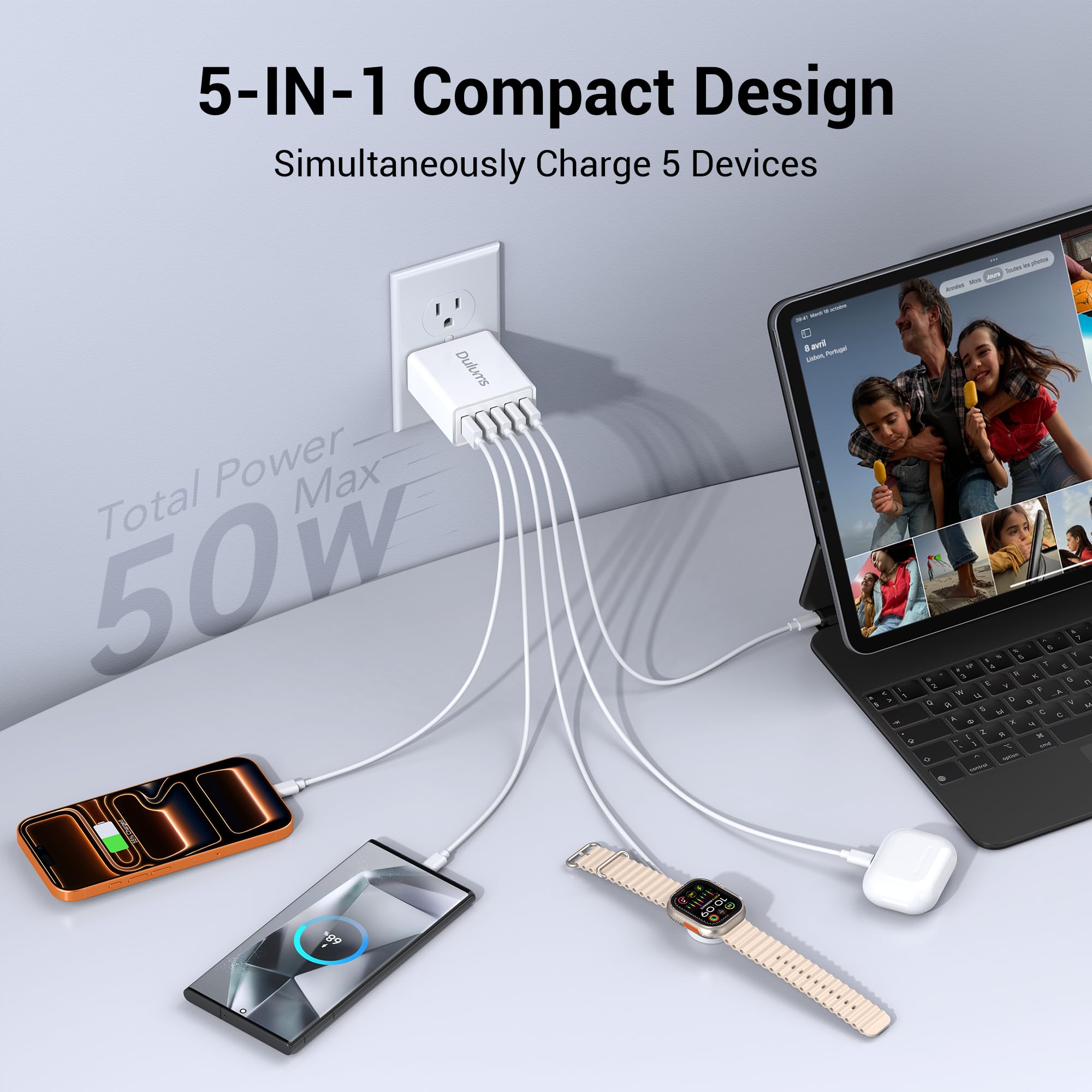 50W USB Wall Charger Block,2Pack 5-Port Charger Fast Charging Block QC 3.0