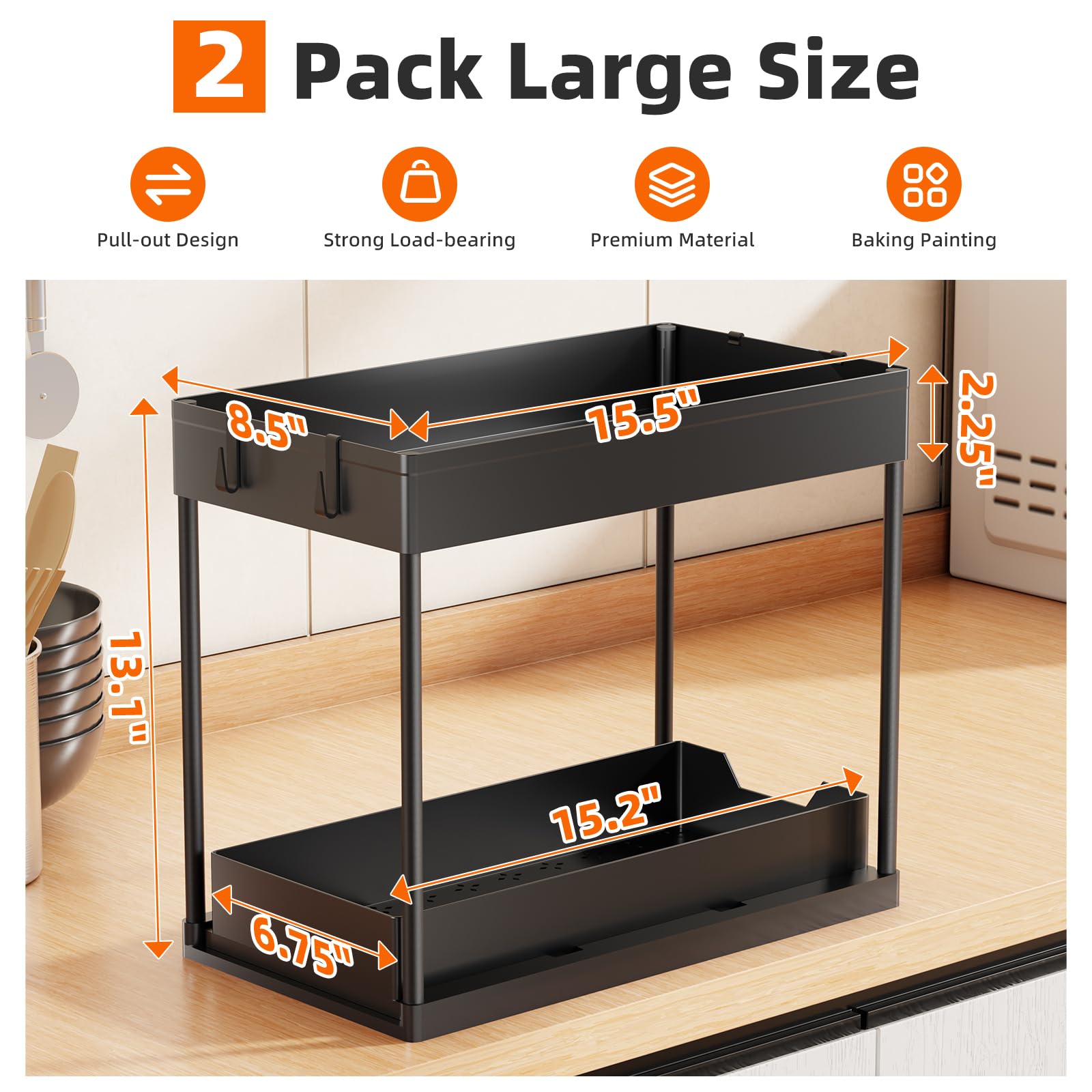 Under Sink Organizer 2 Pack Pull Out Sliding 2 Tier Cabinet Black