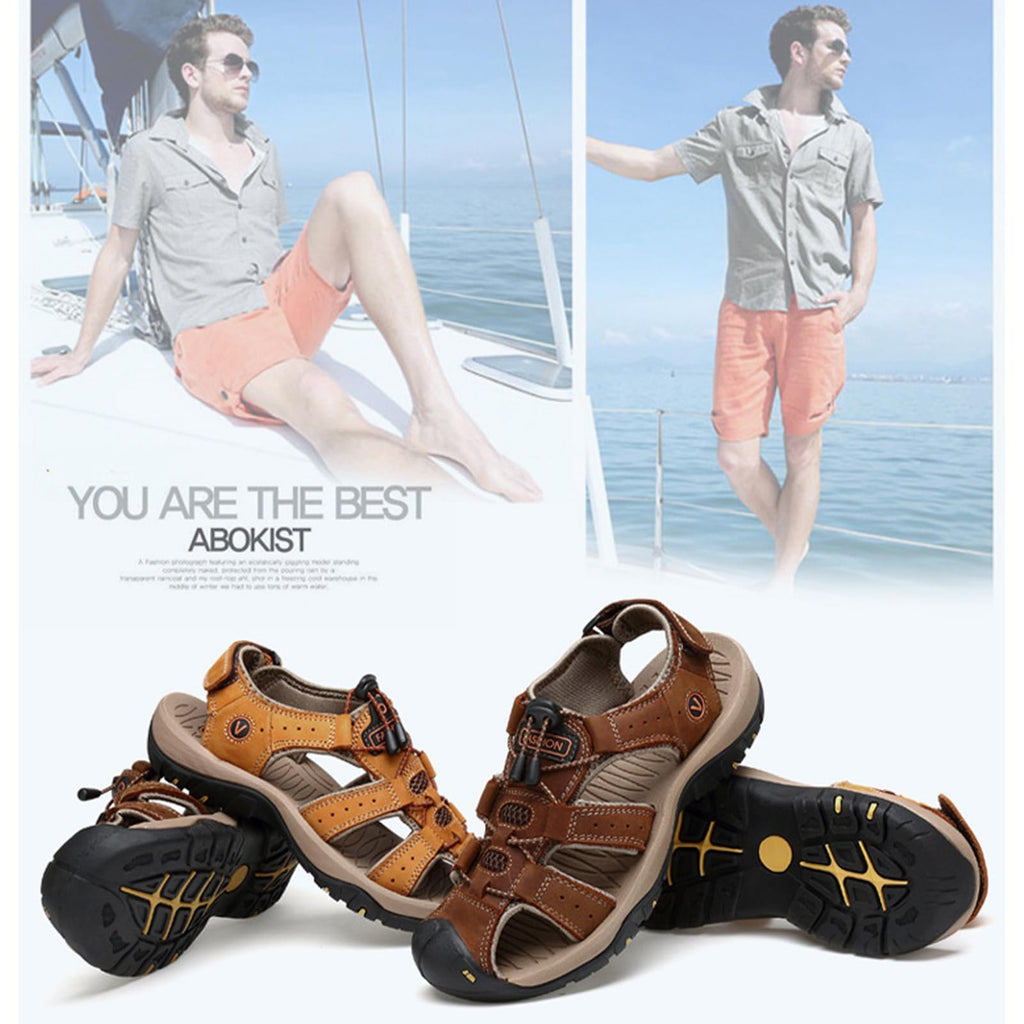 XENTORD Men's Genuine Leather Sport Sandals Comfort Platform Non-Slip Hiking Sandals with Arch Support Lightweight Closed Toe Outdoor Trail Water Shoes (Gray,8)