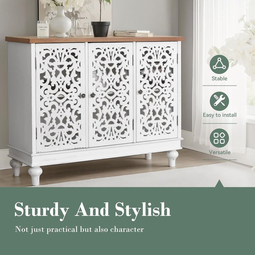 Sophia & William Sideboard and Buffet with Storage Cabinet 3-Door Hollow-Carved