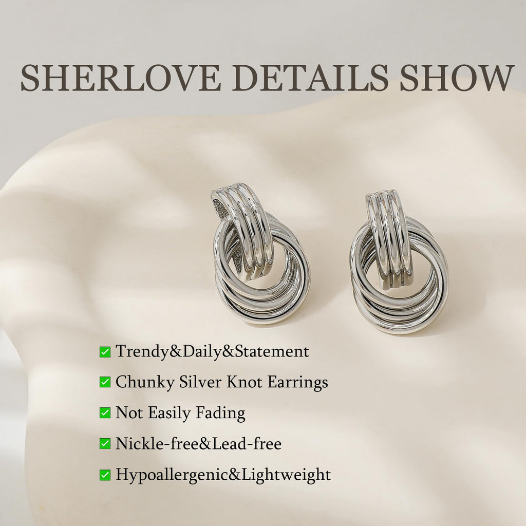 SHERLOVE Trendy Silver Knot Earrings for Women Chunky Statement Drop Dangle