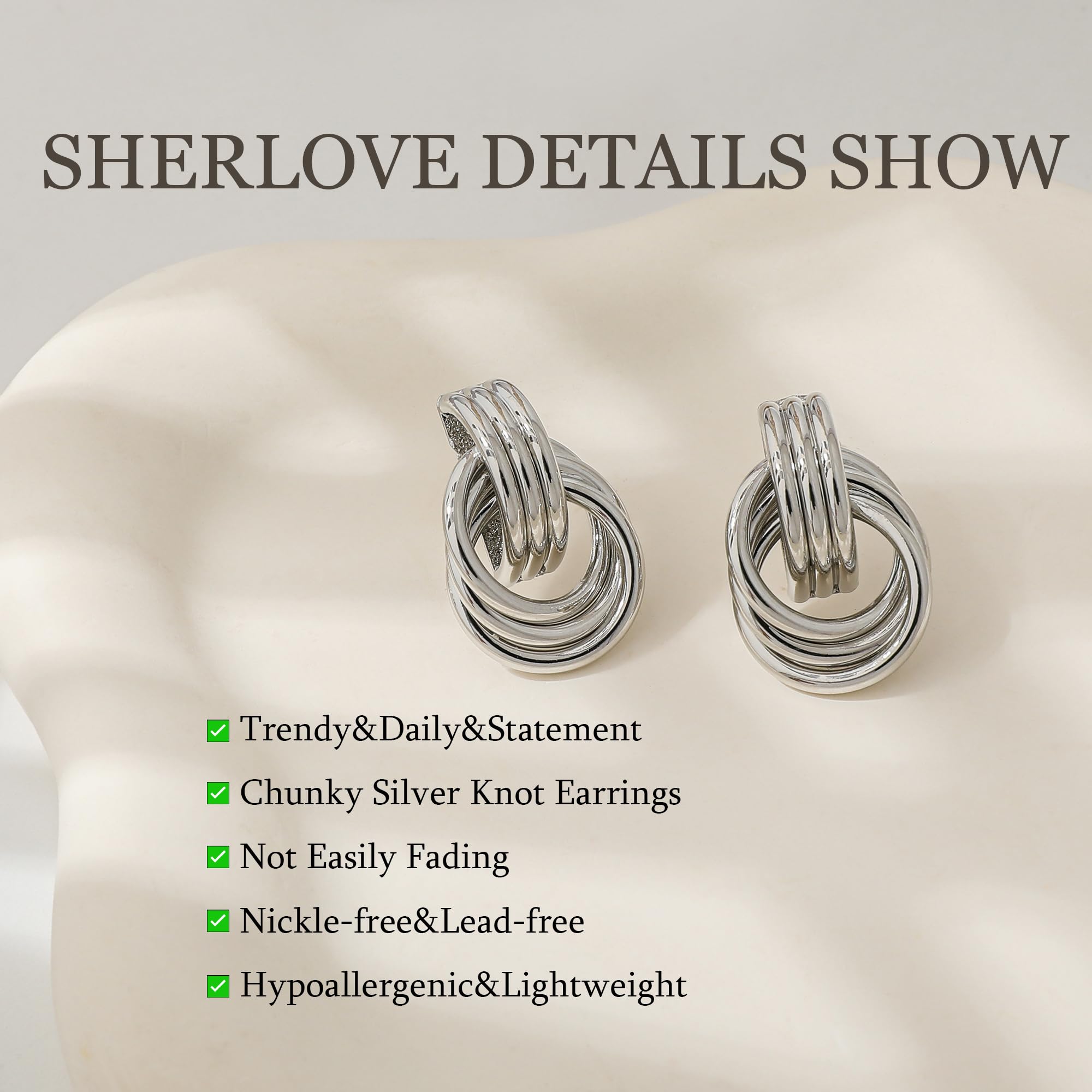 SHERLOVE Trendy Silver Knot Earrings for Women Chunky Statement Drop Dangle